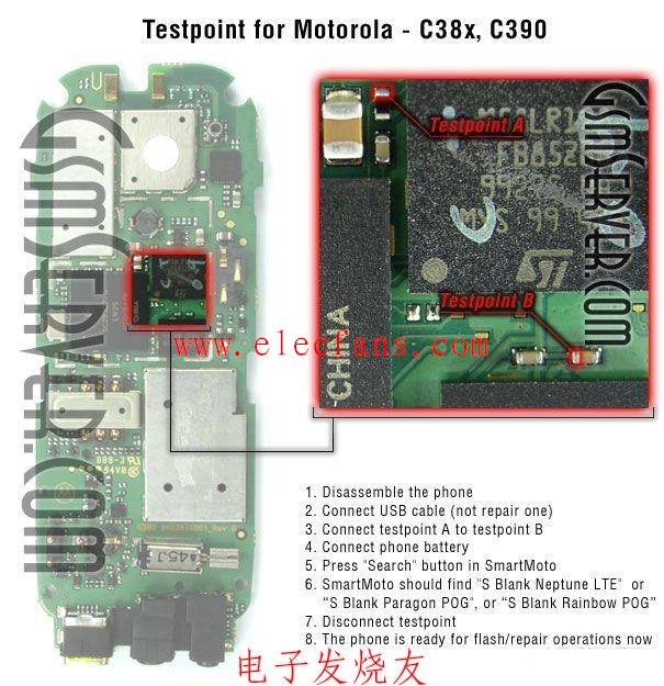 摩托罗拉手机C38X,C390维修测试点图 - 电子