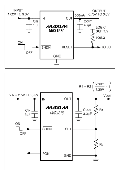 Figure 1. The MAX1589 500mA LDO has preset outputs of 0.75V, 1.0V, 1.3V, 1.5V, 2.5V, and 3.0V. The MAX1818 500mA LDO has preset outputs of 1.5V, 1.8V, 2.0V, 2.5V, 3.0V, and 5.0V or an adjustable output from 1.25V to 5V.