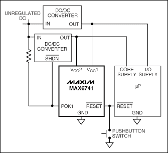 Figure 9. The MAX6741 monitors two voltages and generates a reset signal if either drop out of tolerance.
