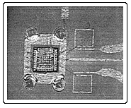 Figure 6. Photograph of the Quickchip mounted on the test substrate. On the right are the printed inductors for input and output matching.