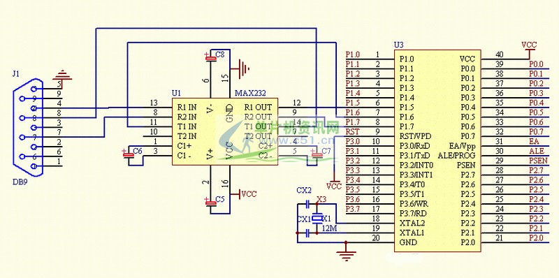 下图为 mx232双串口的连接图,可以分别接单片机的串行通信口或者实验