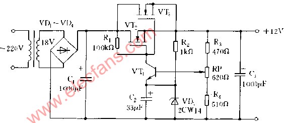 简单串联式线性稳压电源电路