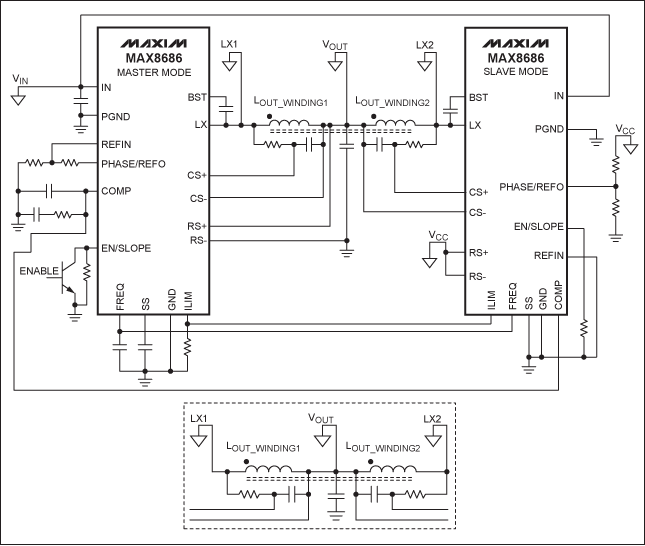 Figure 1. Schematic of a two-phase buck converter with a coupled choke. Note the polarity of winding for out-of-phase connection. The winding polarity shown here produces the best performance. In the inset, two inductors are also used to reduce the magnetic coupling. Now polarity does not matter.