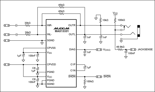 Figure 2. Schematic diagram of MAX13331 with discrete jack-sensing circuit.