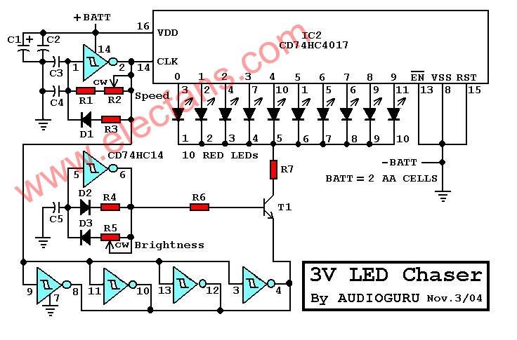 3V供电的LED驱逐舰电路 (3V LED Chaser)