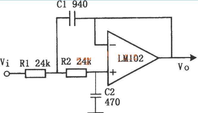 LM102组成的有源低通滤波器电路