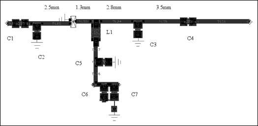 图2. 输入和输出匹配电路的设计图(0.4mm线路电阻为50Ω