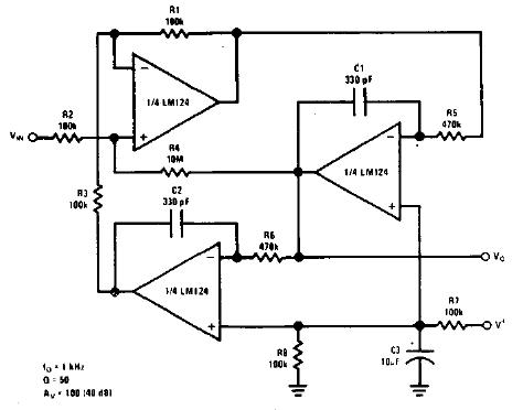 双二次型RC有源带通滤波器电路图