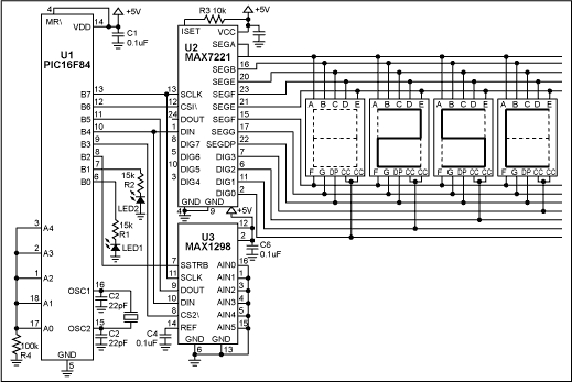 Figure 1. With an assembly-language routine and the free assembler, this circuit allows an 8-bit ?C to implement a 12-bit digital thermometer. 