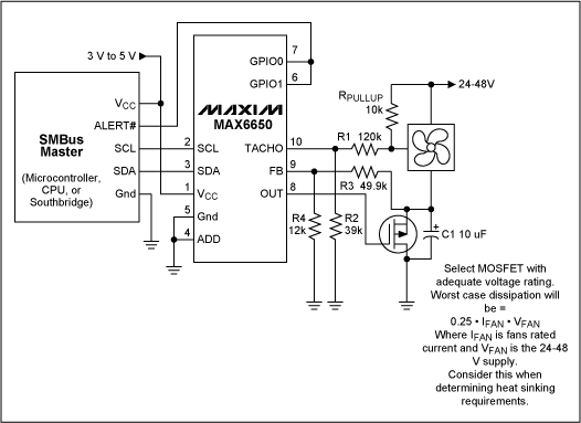 Figure 7. This circuit enables the MAX6650 to control a 48 volt fan by attenuating the feedback and tachometer signals to levels similar to what a 12 volt fan would produce.