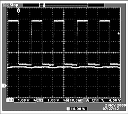 Figure 8. The scope photo on the left is taken at 780 rpm, driving a 48 volt motor. The right trace is taken at 1526 rpm. The square waveform is the tach signal at the TACHO pin of the MAX6650. The straight line is the feedback, taken at the FB pin of the MAX6650. Note that the voltage at the FB pin is more negative than the TACHO pin over the operating range of the fan. This is insured by setting the R3/R4 combination in Figure 7 for slightly more attenuation than the R1/R2 combination.