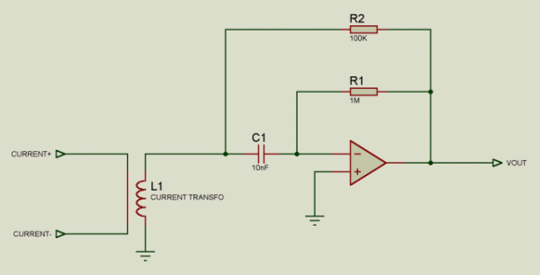 Figure 3. AC-coupling enables this circuit to tolerate the zero source impedance (at DC) of a current-transformer input.电流互感器