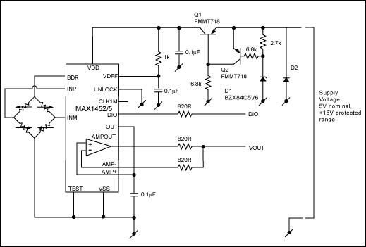 Figure 6. Fully protected, sensor signal conditioner circuit withstands the application of ±16V to any wiring connection.
