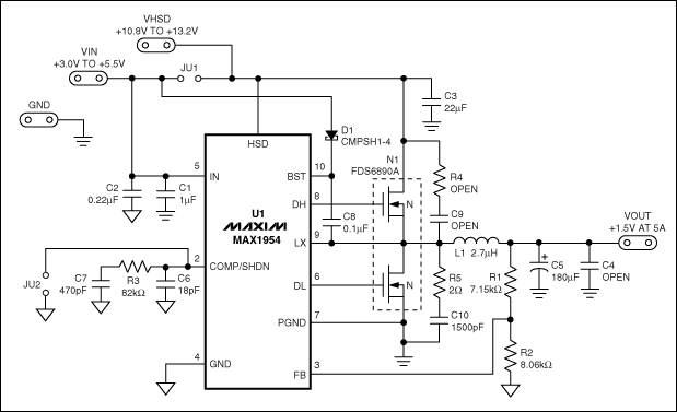 图2. 大电流降压转换器MAX1954评估板原理图。请注意不同的地符号。