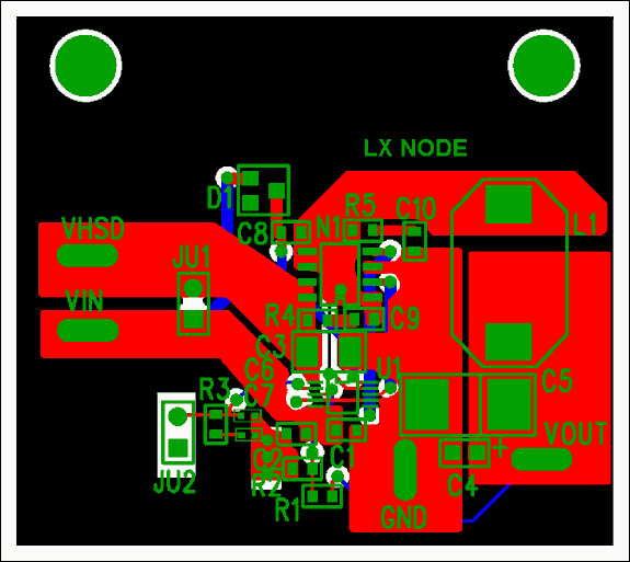 图3. MAX1954评估板布板举例说明了布板规则。电路板由四层组成：红色是顶层；蓝色是底层；黑色是系统地平面(中间层)；为便于观察，没有画出模拟地平面(中间层)。