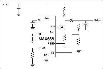 Figure 3. This step-up switching regulator lacks synchronous rectification, but is otherwise similar to the step-down type, with inputs and outputs swapped.