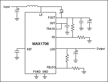 Figure 6. As a third option for maintaining regulation when the input range overlaps the output voltage, this IC combines a switching regulator (for step up) and a linear regulator (for step down).
