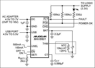 图5. MAX8601锂离子电池单机充电器的典型应用电路图