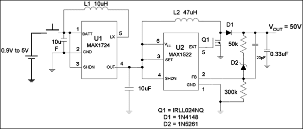 Figure 1. These two boost converters in cascade can produce +50V from a single-cell input.