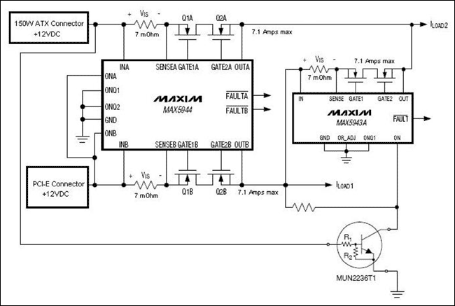 Figure 1. 150W-ATX compliant graphics power-management solution using the MAX5943A and MAX5944.
