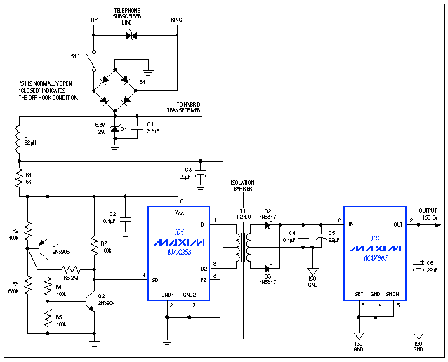Figure 1. This circuit draws current in the off-hook condition, delivering as much as 150mW of isolated power while allowing normal voice or data communications over the phone line.