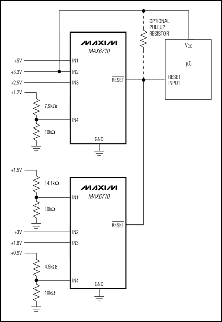 图1. 利用两片漏极开路输出的多电压监控器监控8路电压，提供单个复位输出。