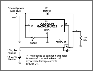 Figure 1. This circuit provides battery/wall-source switchover while debouncing the wall-source output. The low RDS(ON) of Q1 reduces its voltage drop to less than 0.1V.