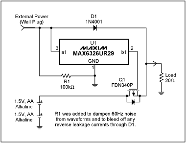 Figure 1. This circuit provides battery/wall-source switchover while debouncing the wall-source output.