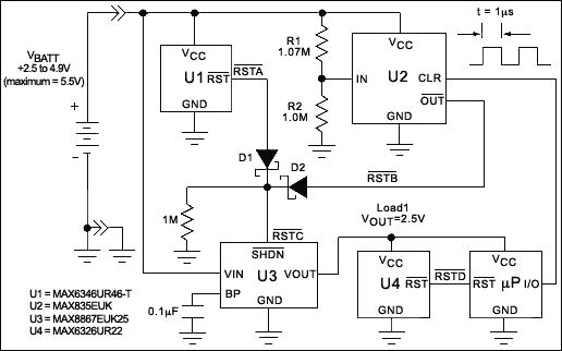 Figure 1. This micropower circuit provides shutdown, power-up, and low-battery lockout functions for this three-cell NiCd-based circuit without the need for software or operator control.