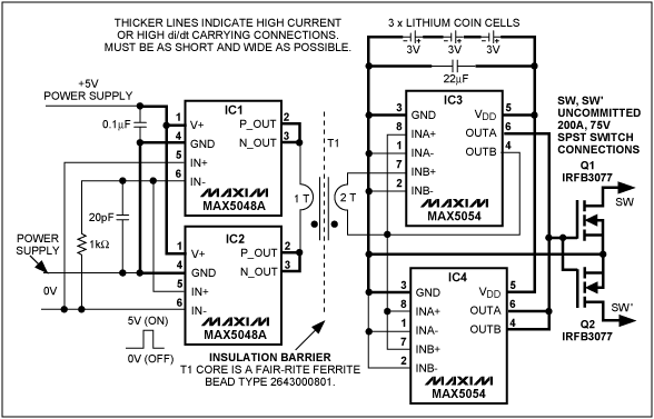 图1. 该电路利用5V逻辑信号控制独立的(隔离)功率开关Q1-Q2，能够处理200A、75V的脉冲信号。