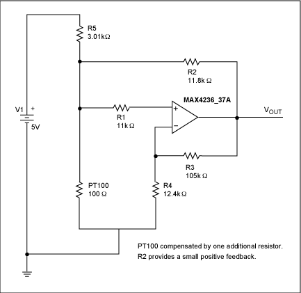 图4. 该模拟电路对RTD进行线性化补偿。