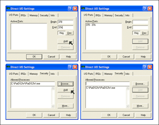 Figure 1. Configuring Direct I/O to Work with ParDS2W.exe.