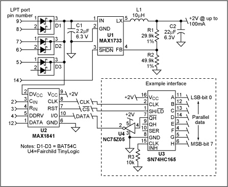 Figure 1. To save power, this circuit converts the 5V LPT parallel interface of a laptop computer to a parallel interface operating at a lower voltage.