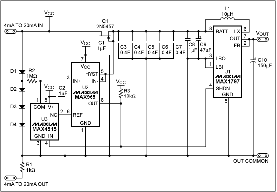 Figure 1. A 2F capacitor bank (C3 - C7) stores energy for later use. The boost converter (U1) generates a +3.3V supply capable of delivering 250mA for up to 2.8 seconds.