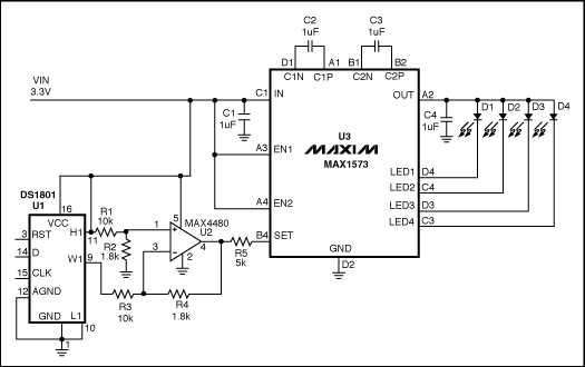 Figure 1. This circuit provides a logarithmic-dimming capability for white LEDs.