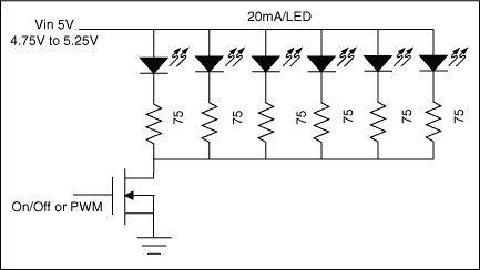 图1. 大多数应用只是简单地利用固定偏置电压(本范例中采用5V)和镇流电阻(本范例中采用75Ω)，获得近似匹配的白光LED亮度。
