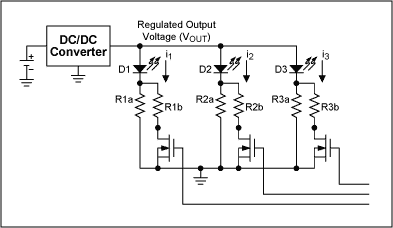 图10. 用MOSFET控制与R1a至R3a并联的电阻R1b至R3b，进行亮度调节