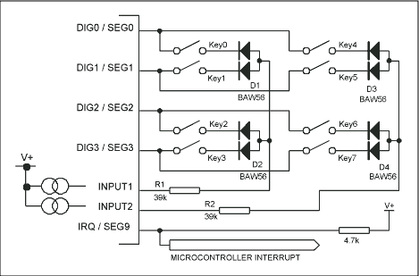 图1. MAX6959 LED显示驱动器的标准8键连接