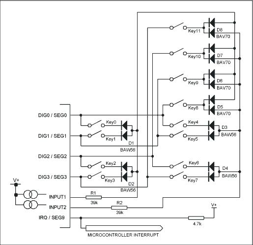 图2. MAX6959 LED显示驱动器扩展后的12键连接