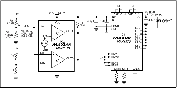 图1. 电路驱动一只大功率WLED，当温度过高以及热敏电阻发生开路或短路故障时，将关闭LED