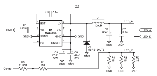 图1. 通过调节控制电压(0V至3.9V)，MAX5035 LED电流驱动器能够在LED_A和LED_K端产生近似350mA至0mA的输出电流。
