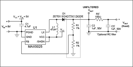 图1. 固定输出，升压型DC-DC转换器