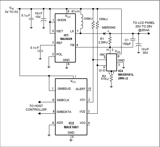 Figure 1. This three-IC circuit enables small battery-powered devices to control their LCD contrast through the internal SMBus.