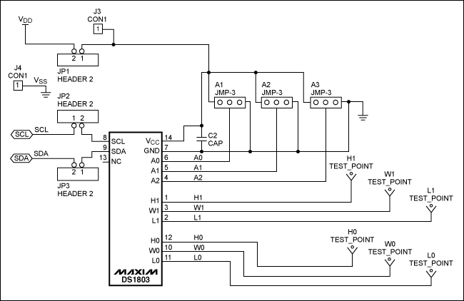 图2. DS1803数字电位器与PIC控制器的连接