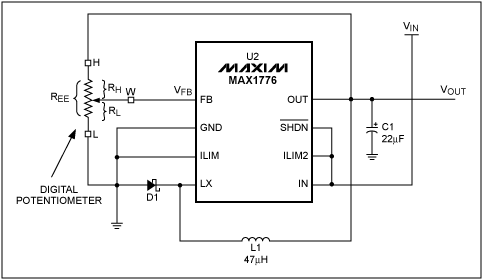 Figure 1. Using a digital potentiometer in the feedback loop with a MAX1776.