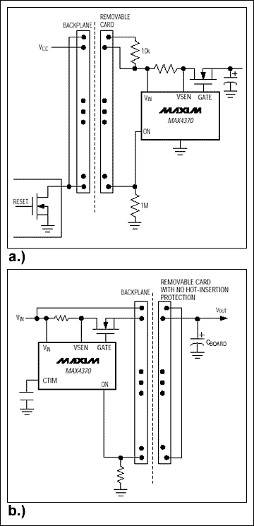 Figure 2. To insure properly seated pc cards on the backplane's card side (a) or host side (b), this IC (MAX4370) routes current through the outer pins of the card connector.