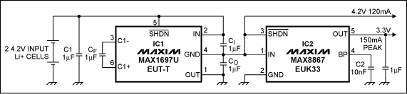 Figure 3. This circuit splits the 8.4V battery voltage by two, and it derives 3.3V from 4.2V using an LDO linear regulator (IC2).