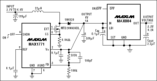Figure 2. This combination produces 5V and 3.3V regulated outputs by stepping up with a switcher and down with a linear regulator.