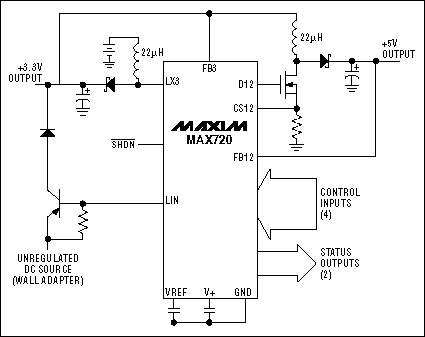 Figure 3. A single-IC dual-output step-up switching regulator produces 3.3V and 5V outputs.