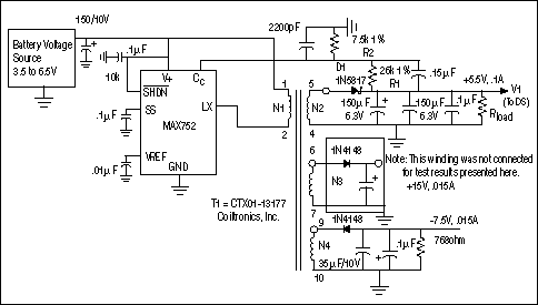 Figure 1. First pass of flyback power-supply design for battery-powered CCD applications.
